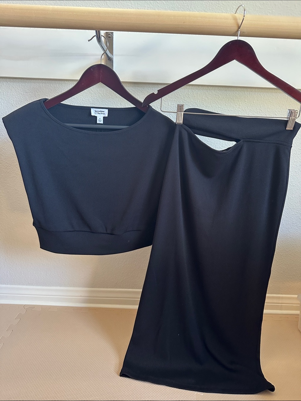 Lucy’s Whims x The Drop Black Maxi Ribbed Skirt and top.